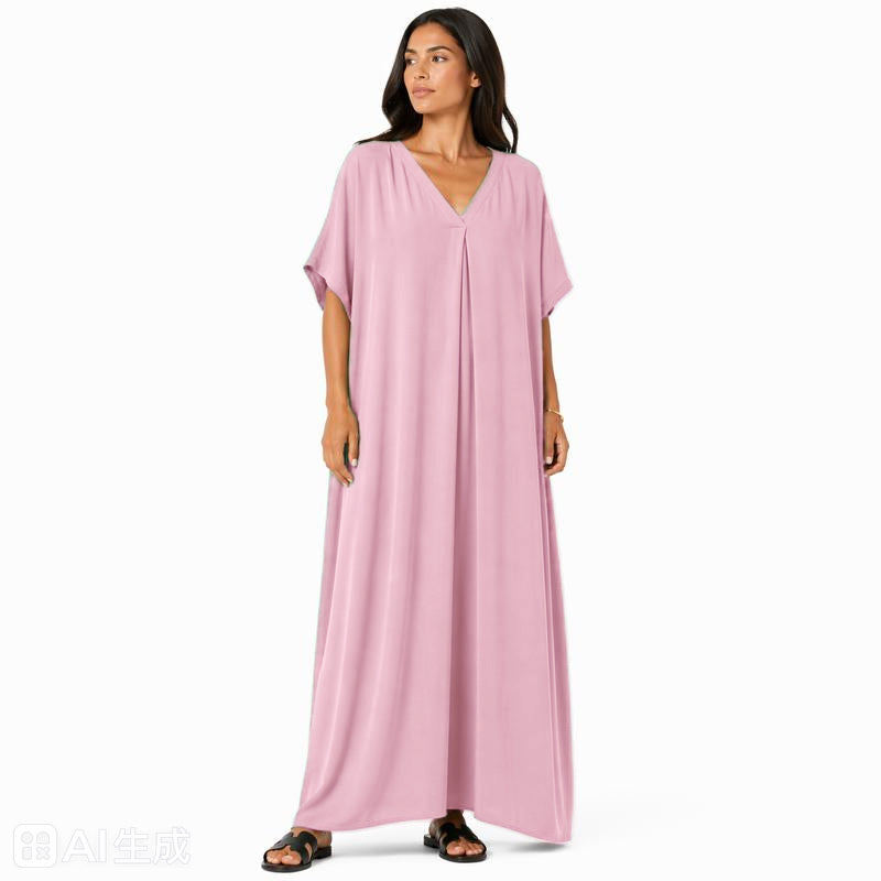 Robe longue oversize fluide col V femme été chic confortable en tissu léger et doux pour toutes les occasions