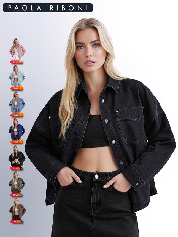 Veste en jean unie pour femme avec boutonnage sur le devant, épaules tombantes et ourlet incurvé, vêtement décontracté à manches longues avec poches et col, idéal pour le quotidien, vêtement pour femme toutes saisons