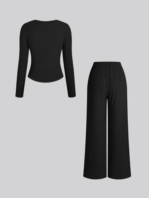Ensemble deux pièces décontracté femme, haut à manches longues et col rond coupe slim et pantalon, motif uni, tissu modéré, automne-hiver