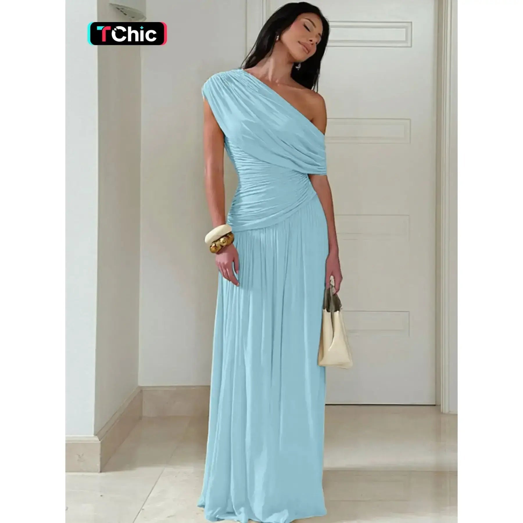 Abito da donna in tinta unita con arricciature, Abito elegante da sera per feste, Abito estivo da donna, Abito asimmetrico con arricciature
