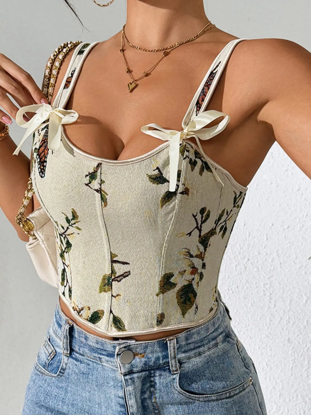 Canotta modellante da donna con stampa floreale, struttura a corsetto allacciato regolabile, canotta modellante alla moda con fiocco decorativo per uso quotidiano, modellatore contenitivo per donna