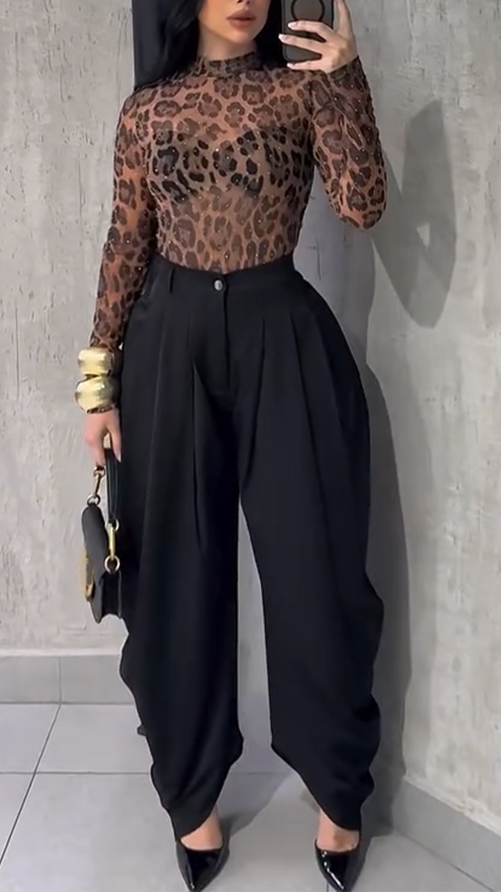 Ensemble pantalon et haut imprimé à col rond pour femme - Style décontracté et élégant