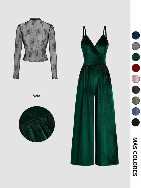 Ensemble deux pièces combishort et tee-shirt en dentelle de couleur unie pour femme, ensemble élégant et décontracté avec combishort dos zippé et haut à manches longues pour le quotidien et l'extérieur, vêtements pour femme pour le printemps et l'automne
