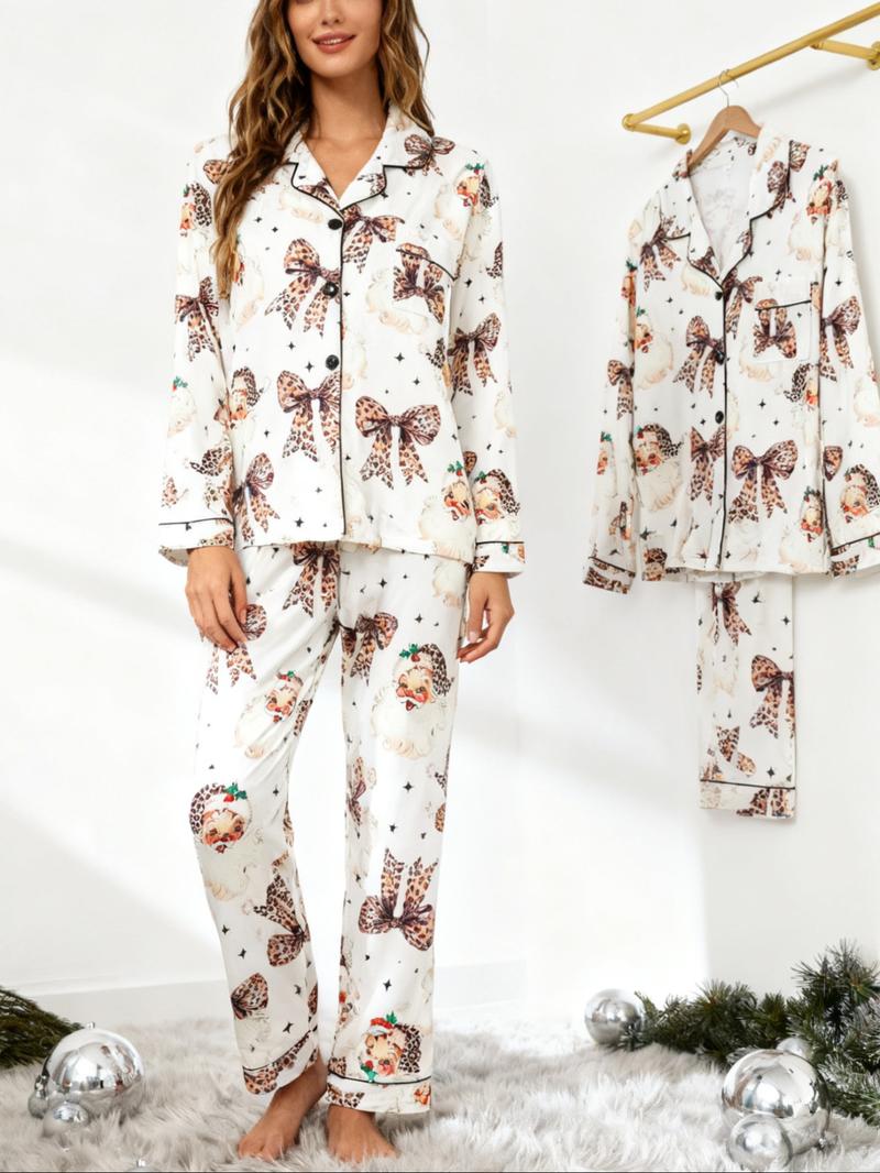 Pyjama de Noël pour femme, ensemble chemise de nuit à revers boutonnée à manches longues et pantalon ample confortable, vêtements de nuit décontractés imprimés sur toute la surface