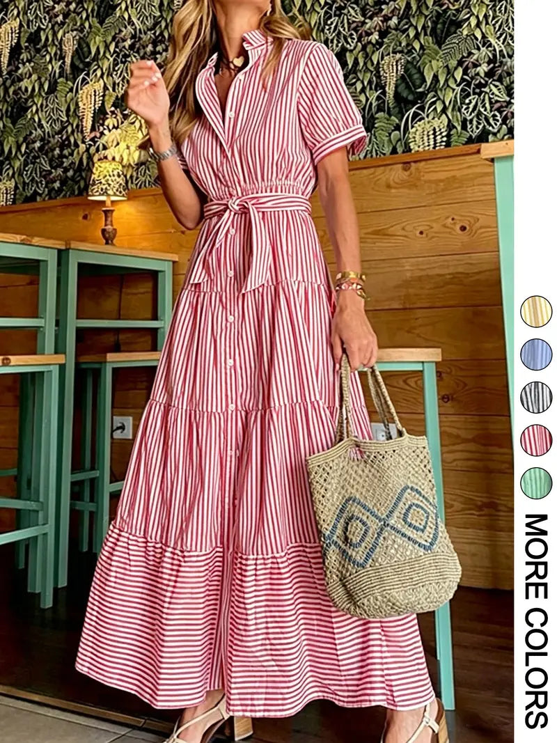 Robe longue décontractée et élégante pour femme avec ceinture imprimée à rayures, vêtements d'été pour femme, pour le quotidien