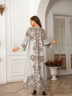Robe longue bohème élégante pour femmes musulmanes, imprimé intégral, coupe ample, col rond, manches à revers, manches longues, toutes saisons