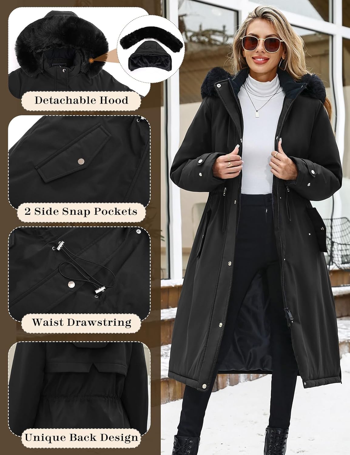 Manteaux longs pour femmes Manteaux longs chauds doublés en polaire d'hiver pour femmes, parka imperméable et coupe-vent, manteau avec fermeture éclair, boutons, cordon de serrage à la taille, avec poches et capuche amovible