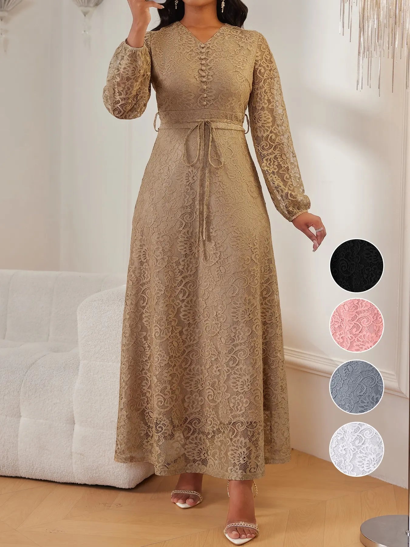 Vestito da donna in pizzo con scollo a V e maniche lunghe, elegante e chic con cintura in vita, vestibilità slim, tinta unita, per matrimoni, serate ed eventi formali, primavera e autunno