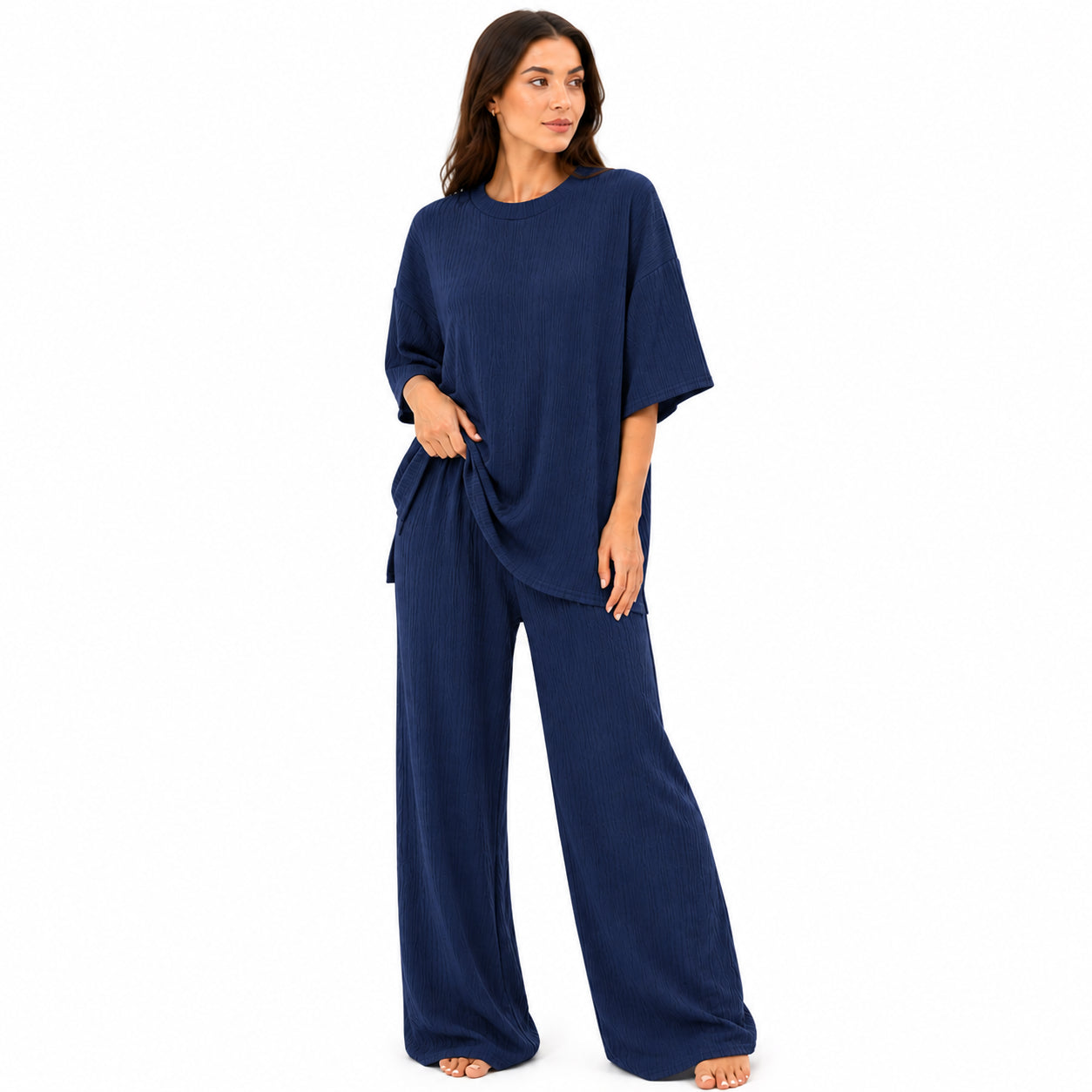 Ensemble Chic Femme Texturé – T-shirt & Pantalon Fluide