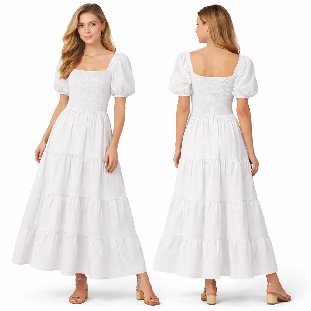 Longue robe smockée pour femme, manches bouffantes, coupe fluide à volants, style élégant pour l'été.