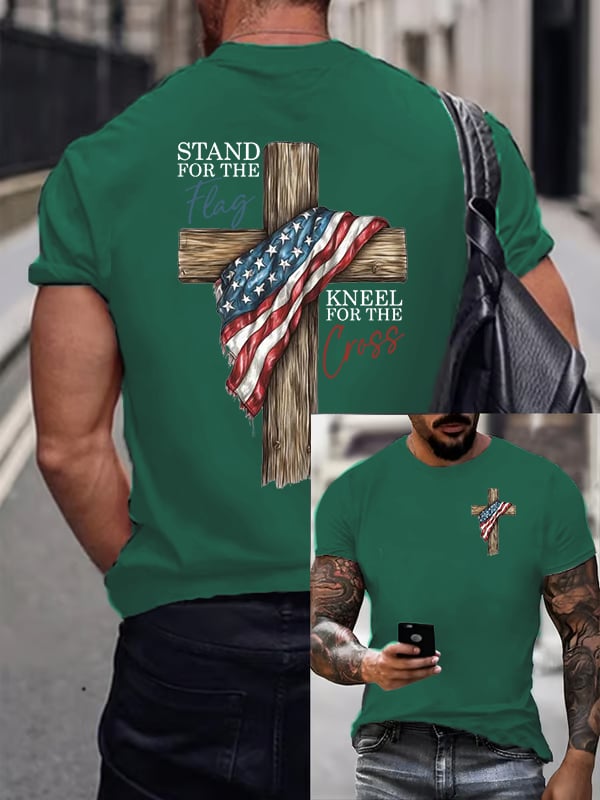 T-shirt casual da uomo con stampa "Stand For The Flag Kneel For The Cross"