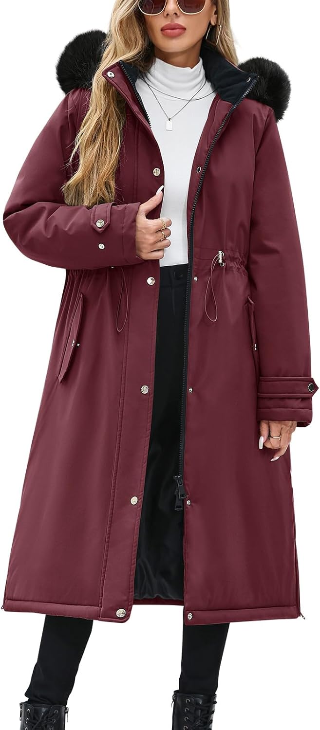 Manteaux longs pour femmes Manteaux longs chauds doublés en polaire d'hiver pour femmes, parka imperméable et coupe-vent, manteau avec fermeture éclair, boutons, cordon de serrage à la taille, avec poches et capuche amovible