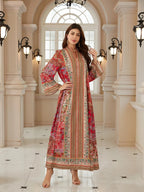 Vestito caftano con perline e stampa bohémien, Abito lungo da sera in stile abaya Jalabiya, Nuova moda femminile mediorientale, Abito elegante da festa, Caftano con stampa etnica
