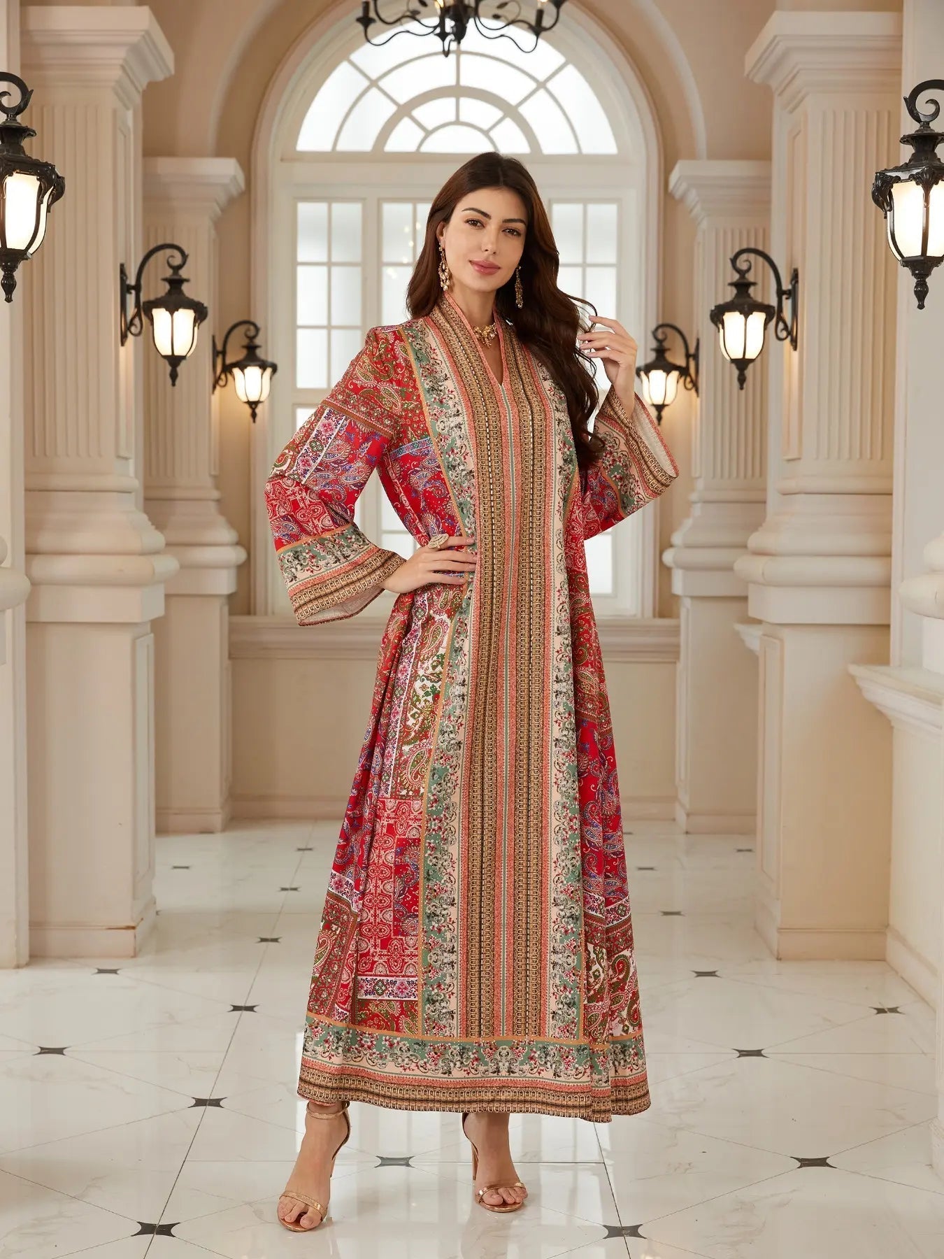 Vestito caftano con perline e stampa bohémien, Abito lungo da sera in stile abaya Jalabiya, Nuova moda femminile mediorientale, Abito elegante da festa, Caftano con stampa etnica