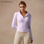 Giacca sportiva da donna con zip intera, maniche lunghe, vestibilità aderente, tessuto elasticizzato ad asciugatura rapida con fori per i pollici per corsa, yoga, palestra, allenamento, abbigliamento sportivo