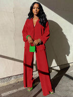 Ensemble deux pièces chemise unie boutonnée et pantalon taille élastique pour femme