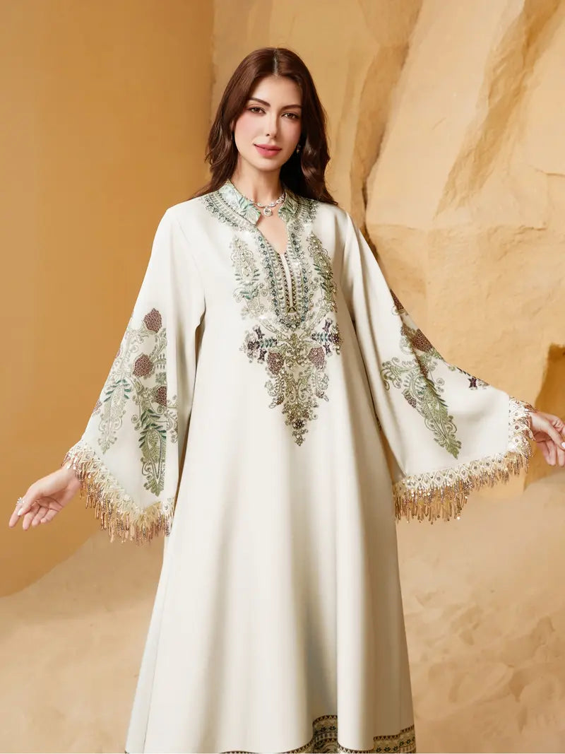 Abito lungo elegante da donna, vestibilità ampia con stampa etnica, design con lacci, adatto a tutte le stagioni, perfetto per serate ed eventi speciali