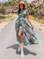 Women's Floral Print Button Front Shirred Bohemian Casual Wear Dress, Boho Pocket V Neck Short Sleeve A Line Dress, Women's Dress for Summer Beach Holiday Vacation, Casual Boho Chic
