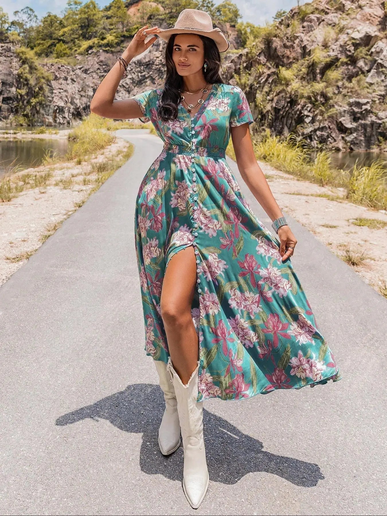 Vestito casual bohémien da donna con stampa floreale e bottoni, vestito da spiaggia estivo da donna con scollo a V, maniche corte, vestito chic e casual.