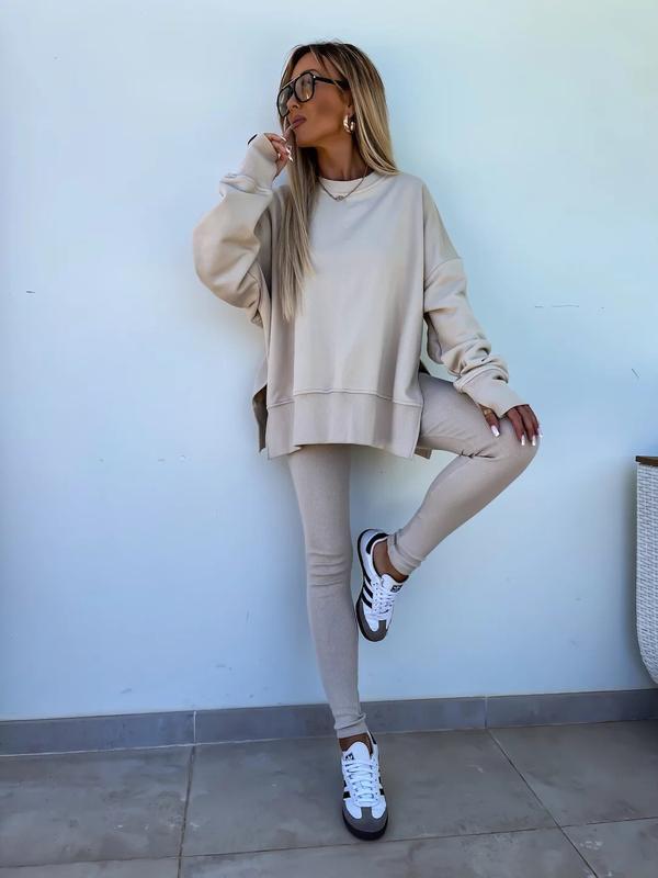 Ensemble deux pièces oversize pour femme - Sweat-shirt à ourlet fendu et pantalon skinny, pull décontracté à col rond et manches longues, vêtements pour femme pour l'automne et costumes d'hiver basiques, Gamis pour femme