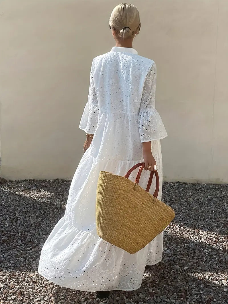 robe tunique évasée à manches en vogue de couleur blanche pour femme, avec un style français élégant