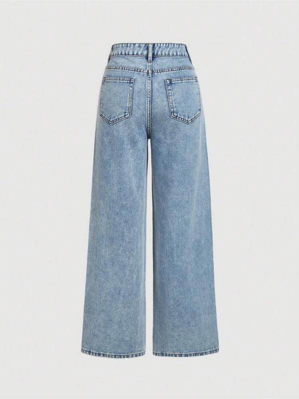 Jean élégant taille haute coupe large pour femme, tissu tissé ajusté, orné de strass, pantalon mode toutes saisons