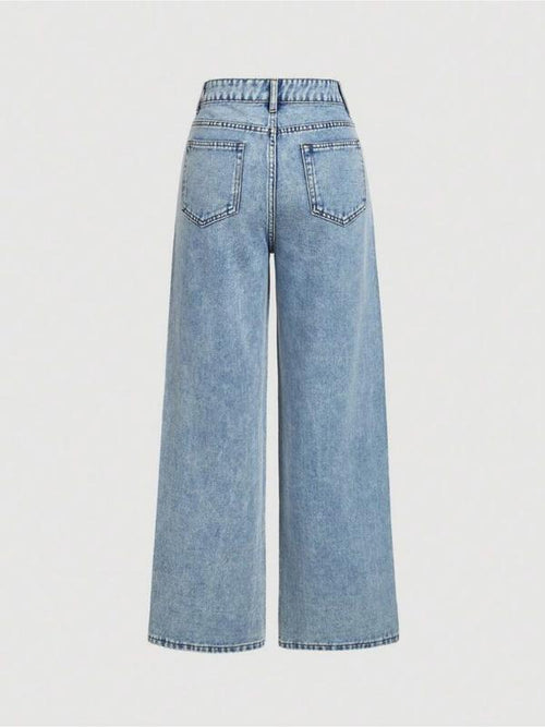Women's Elegant High-Waisted Wide-Leg Jeans, Fitted Woven Fabric, Rhinestone Embellished, All-Season Fashion Pants