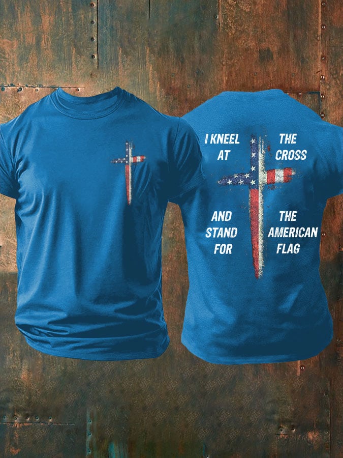 🔥Compra 3 e ottieni il 15% di sconto🔥T-shirt casual da uomo con stampa "Stand For The Flag Kneel For The Cross"