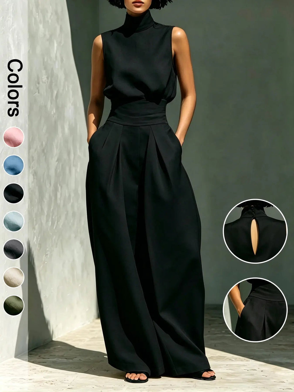 Completo due pezzi da donna con top a collo alto senza maniche e pantaloni lunghi, elegante set a vita alta con pantaloni a palazzo, alla moda per signore