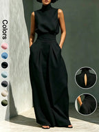 Completo due pezzi da donna con top a collo alto senza maniche e pantaloni lunghi, elegante set a vita alta con pantaloni a palazzo, alla moda per signore