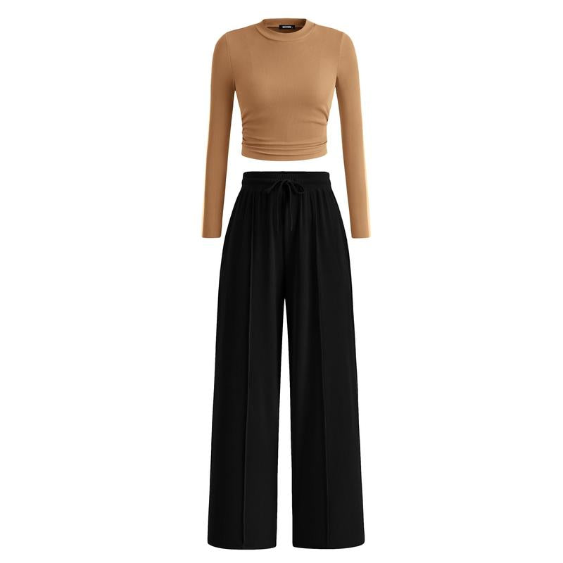 Ensemble de salon assorti 2 pièces en tricot côtelé : haut court à manches longues et pantalon large