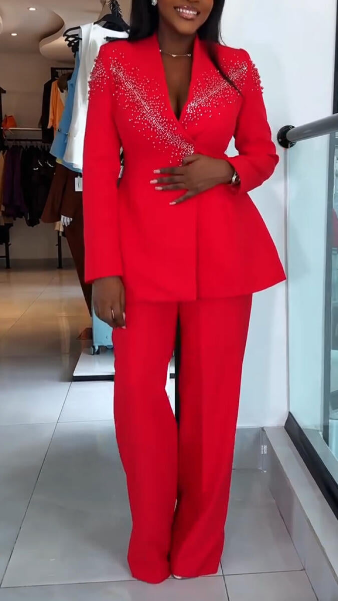 Ensemble blazer à col en V et pantalon pour femme, orné de strass, idéal pour le travail.