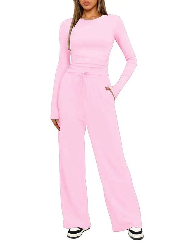 Completo da Casa da Donna Tinta Unita con Arricciature e Coulisse, Top Casual a Maniche Lunghe con Scollo Rotondo e Pantaloni a Gamba Larga con Tasche, Pigiama da Donna per Tutte le Stagioni