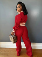 Ensemble deux pièces femme veste courte zippée à imprimé color block et pantalon, tenues décontractées, mode, confortables et respirantes pour le quotidien en extérieur, vêtements femme pour l'automne et l'hiver