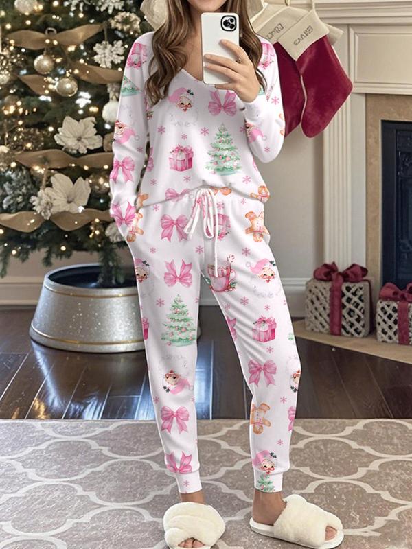Completo casual da donna con stampa natalizia, top a maniche lunghe con scollo a V e pantaloni con cintura, pigiameria e abbigliamento da casa da donna, moda primavera e autunno