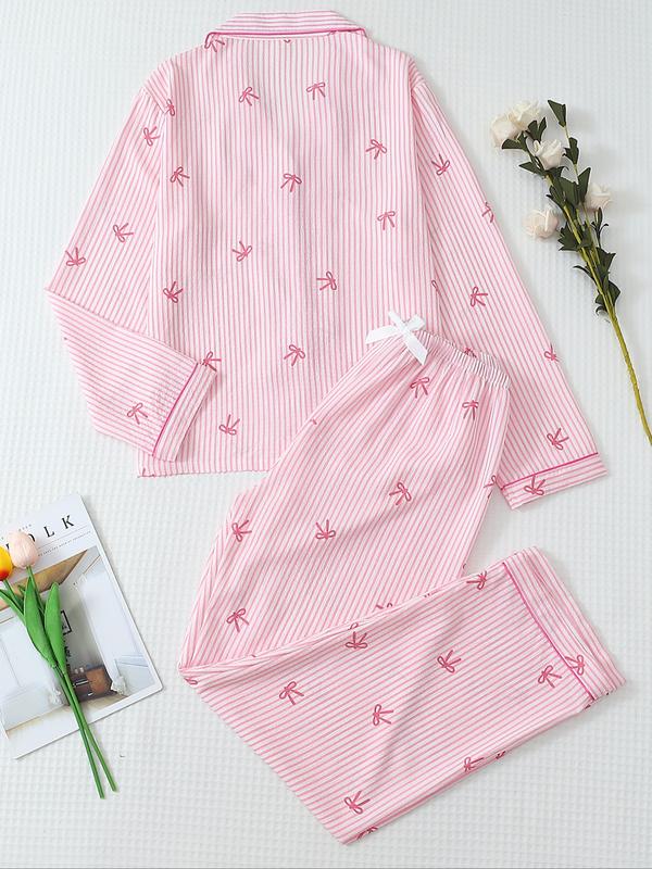 Pigiama da donna a maniche lunghe a righe con stampa a fiocco, grazioso set con parte superiore abbottonata e pantaloni, abbigliamento casual per la casa per tutte le stagioni