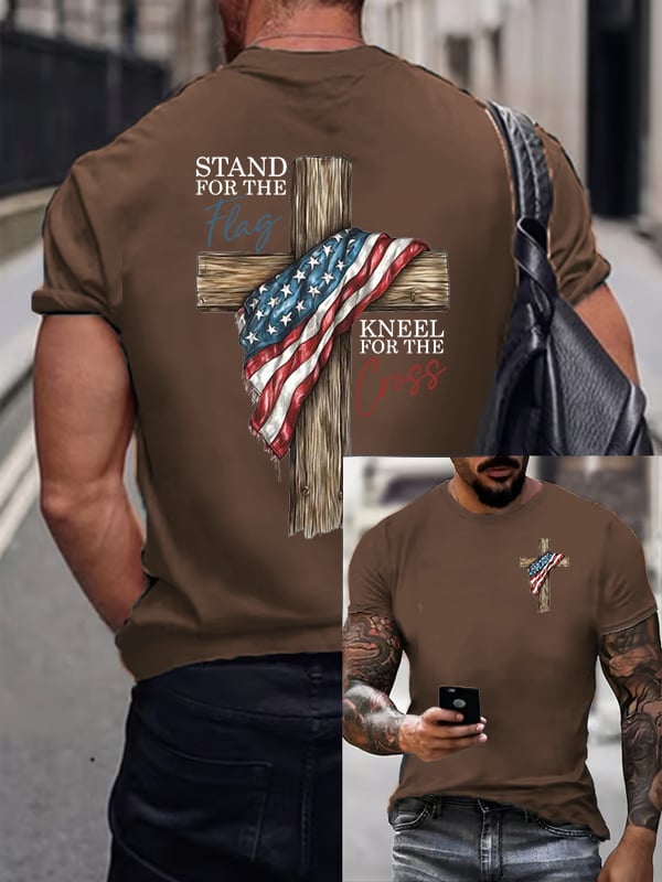 T-shirt casual da uomo con stampa "Stand For The Flag Kneel For The Cross"