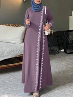 Abito da donna a maniche lunghe, girocollo, tinta unita, casual, stile vestaglia elegante con bordo in pizzo, perfetto per l'uso quotidiano e le occasioni speciali