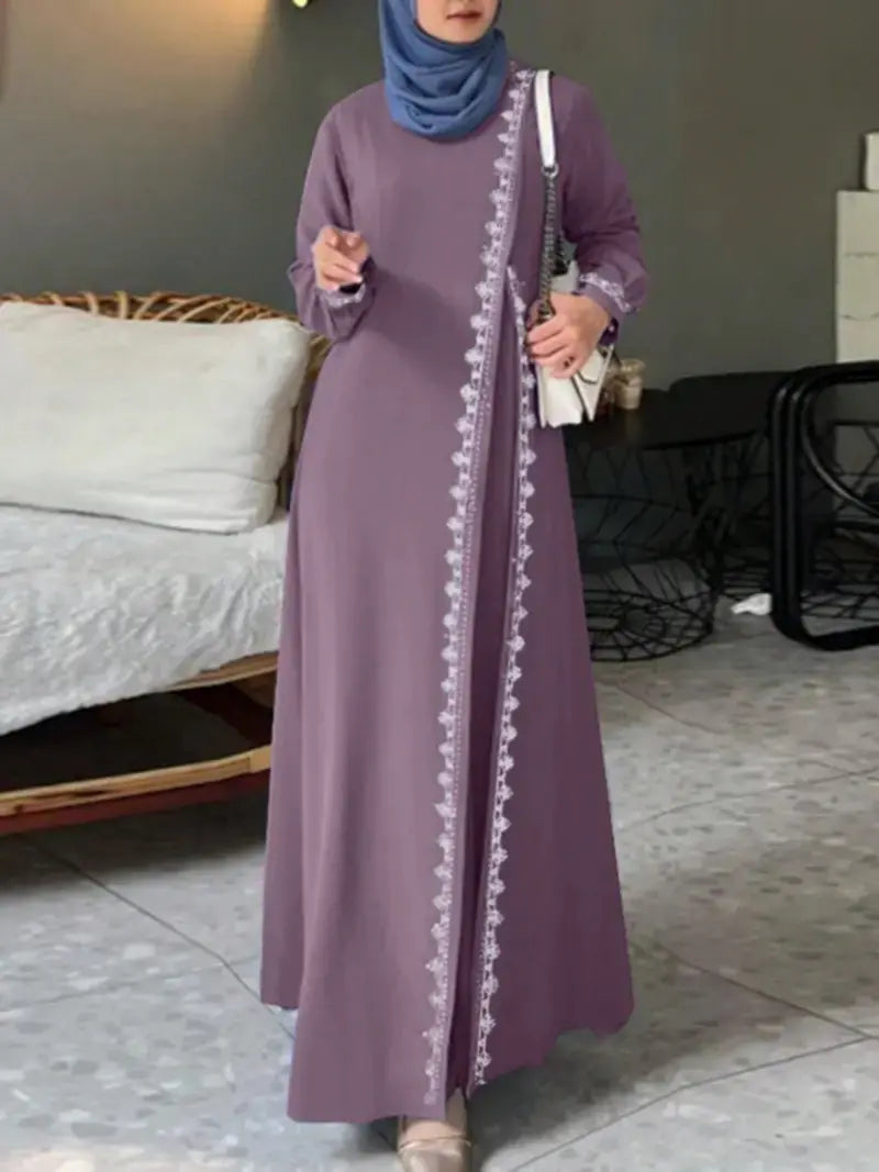 Abito da donna a maniche lunghe, girocollo, tinta unita, casual, stile vestaglia elegante con bordo in pizzo, perfetto per l'uso quotidiano e le occasioni speciali
