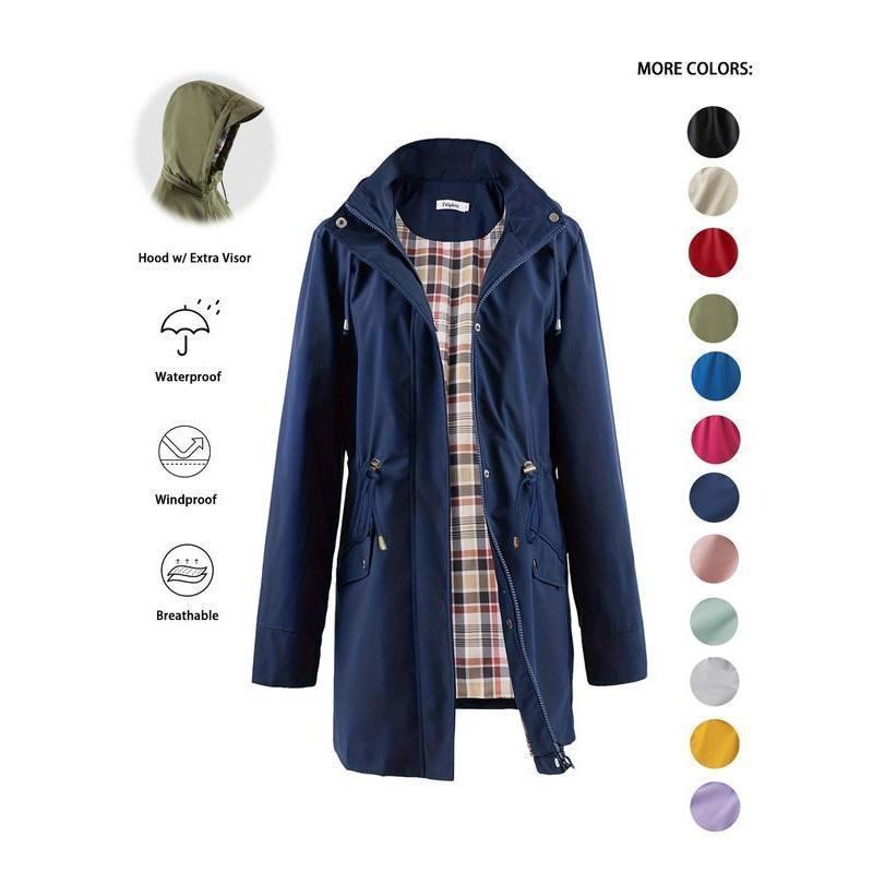 Trench-coat à capuche zippé de couleur unie pour femme, à cordon de serrage, manches longues, imperméable, coupe-vent, doux, confortable, décontracté, adapté au printemps, à l'automne, aux tenues quotidiennes et aux sorties