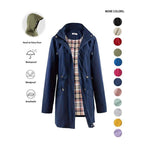 Trench-coat à capuche zippé de couleur unie pour femme, à cordon de serrage, manches longues, imperméable, coupe-vent, doux, confortable, décontracté, adapté au printemps, à l'automne, aux tenues quotidiennes et aux sorties
