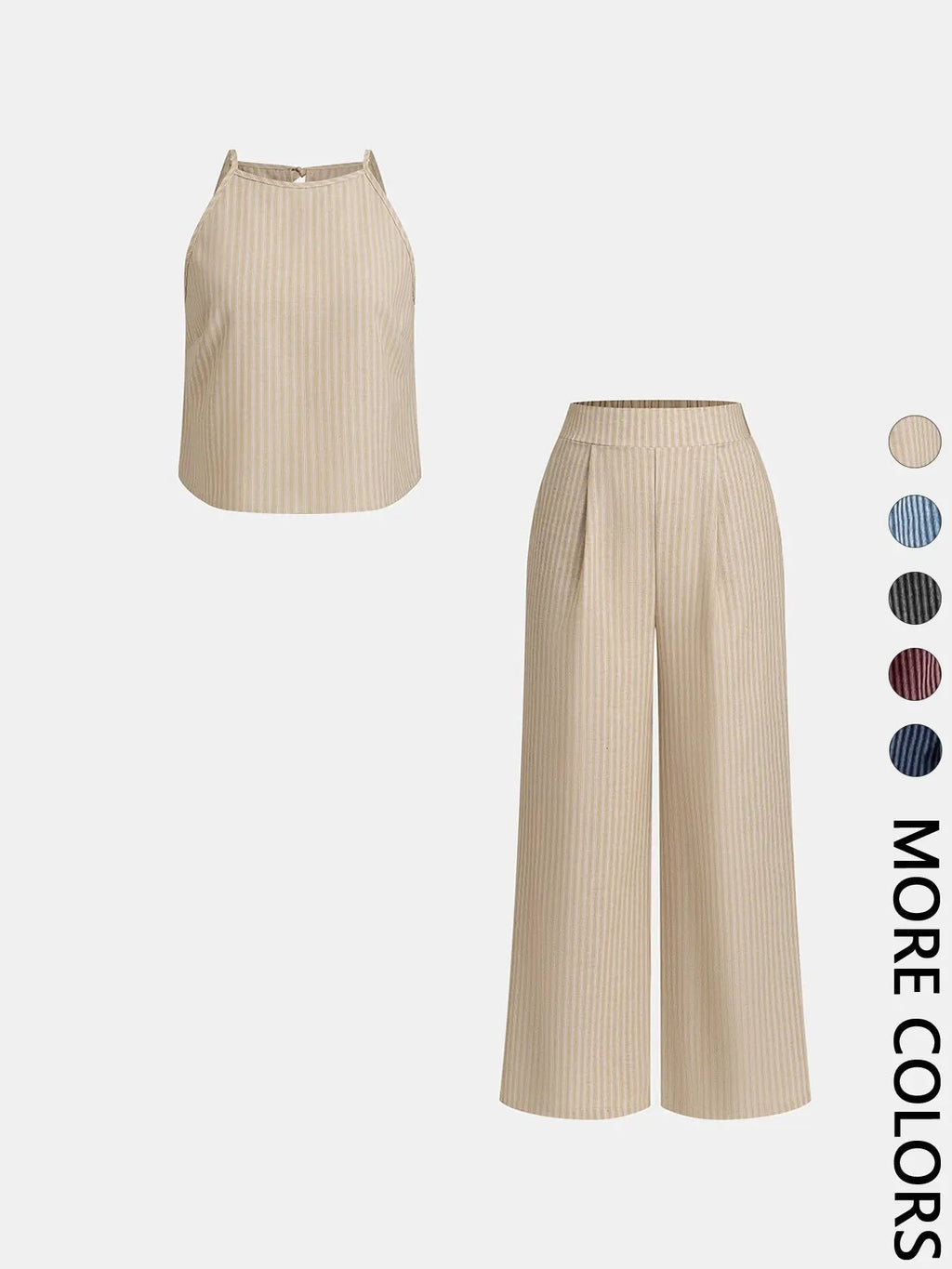 Ensemble décontracté deux pièces d'été pour femme, composé d'un débardeur léger à rayures fines et d'un pantalon long ample, ensemble confortable et élégant.