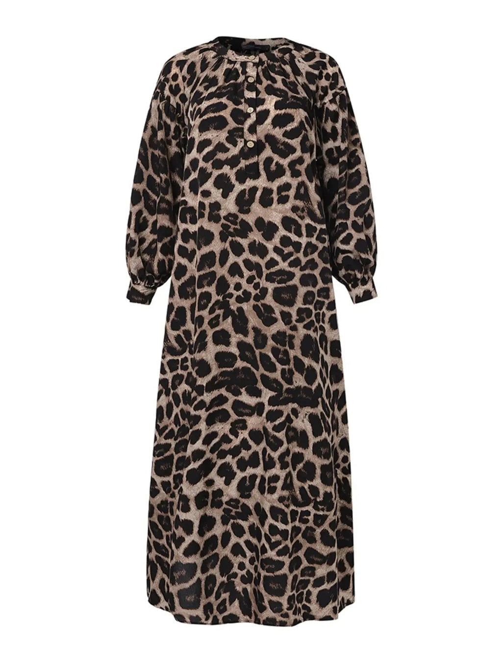 Abito lungo da donna casual boho con stampa leopardata all-over, abito lungo da strada per le vacanze, vestiti da donna per l'uso quotidiano