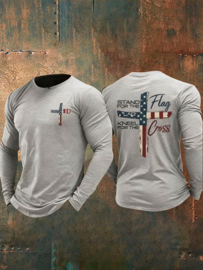 Men's Stand For The Flag Kneel For The Cross Printed Casual T-Shirt