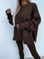 Ensemble deux pièces oversize pour femme - Sweat-shirt à ourlet fendu et pantalon skinny, pull décontracté à col rond et manches longues, vêtements pour femme pour l'automne et costumes d'hiver basiques, Gamis pour femme