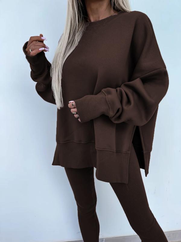 Ensemble deux pièces oversize pour femme - Sweat-shirt à ourlet fendu et pantalon skinny, pull décontracté à col rond et manches longues, vêtements pour femme pour l'automne et costumes d'hiver basiques, Gamis pour femme
