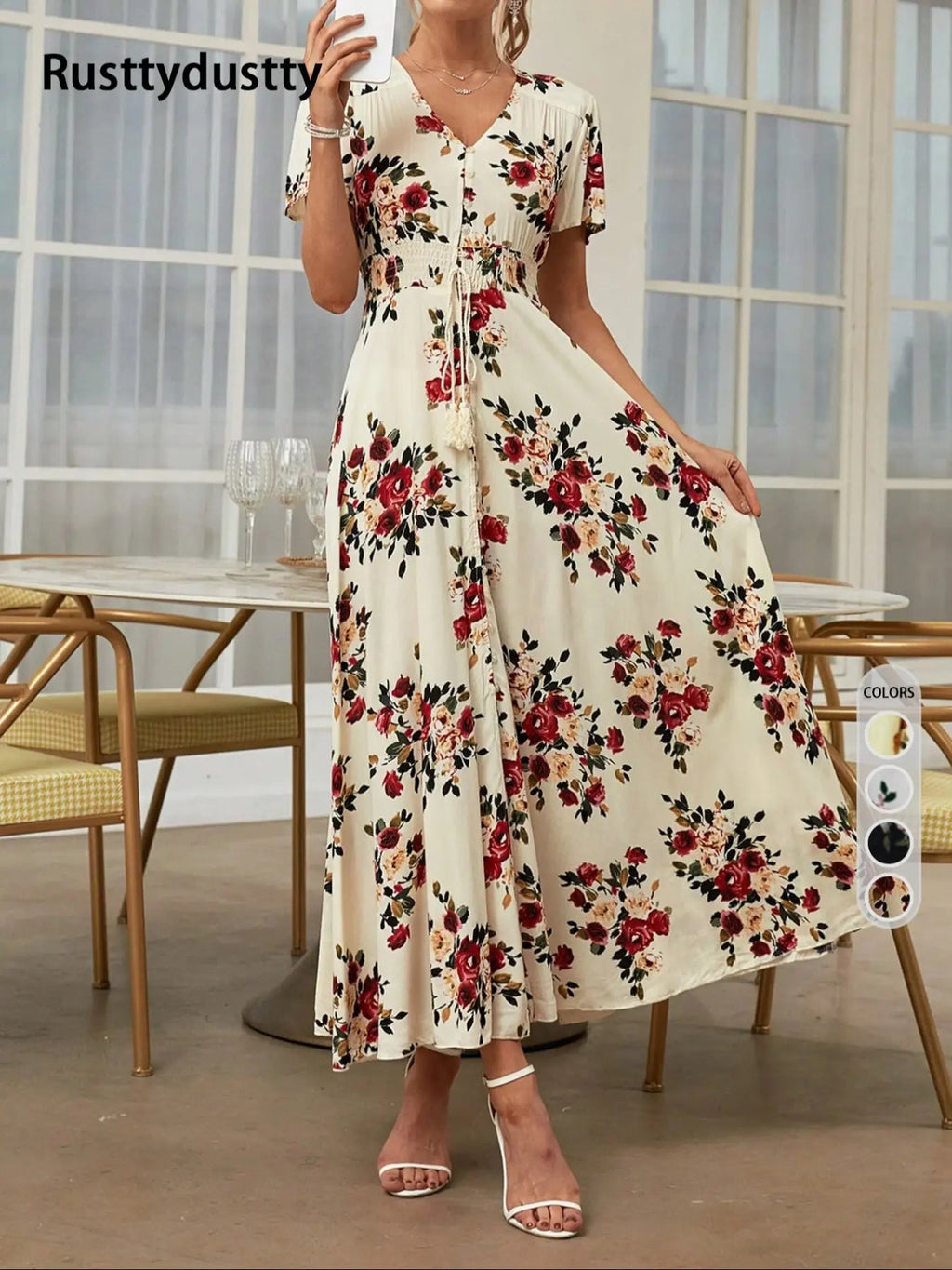 Women's Floral Print Button Front Dress, Boho French Style Short Sleeve Dress for Summer, Women's Clothes for Beach Vacation Holiday