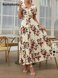 Women's Floral Print Button Front Dress, Boho French Style Short Sleeve Dress for Summer, Women's Clothes for Beach Vacation Holiday