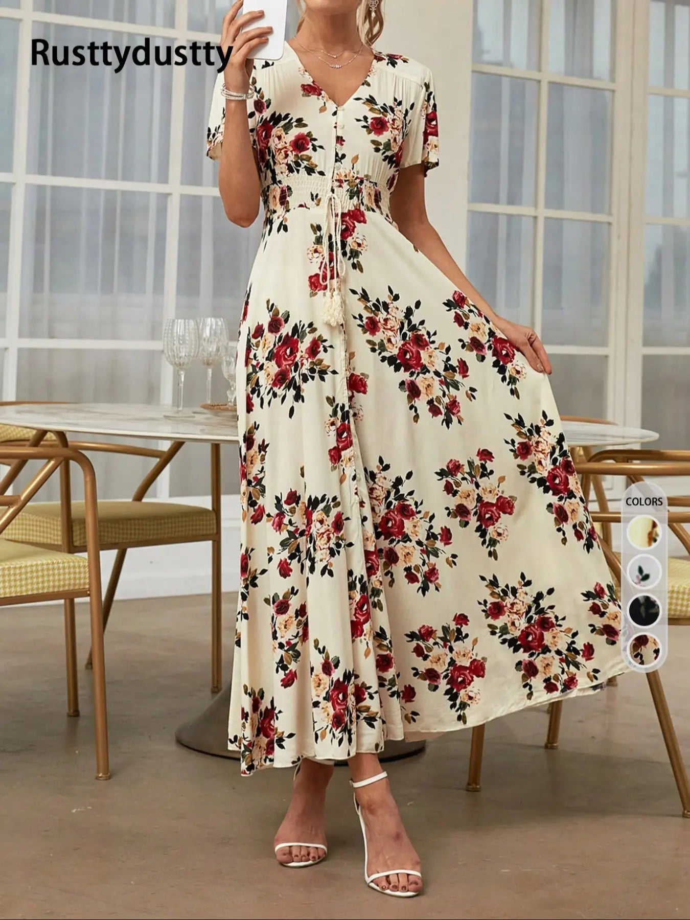 Vestito floreale con bottoni sul davanti da donna, vestito estivo a maniche corte in stile francese boho, abbigliamento da donna per vacanze al mare