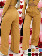 Pantalon large simple pour femme avec double boutonnage, pièce essentielle polyvalente pour les trajets quotidiens, élégante tenue de bureau